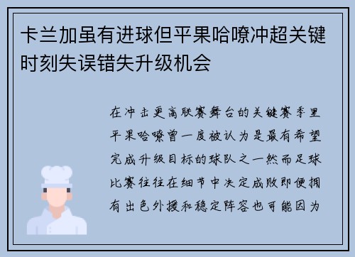 卡兰加虽有进球但平果哈嘹冲超关键时刻失误错失升级机会